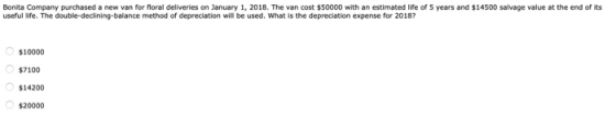 Bonita Company purchased a new van for floral deliveries on January 1, 2018. The van cost $50000 with an estimated life of 5