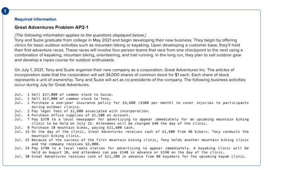 Required information Great Adventures Problem AP2-1 (The following information applies to the questions displayed below.] Ton