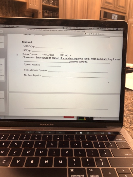Tools Window Help ) Wed 10:17 PM One Tome - 3 s.docx potezo Simple chemical reactions and b eing chemical Reaction 6 NaHCO3(a