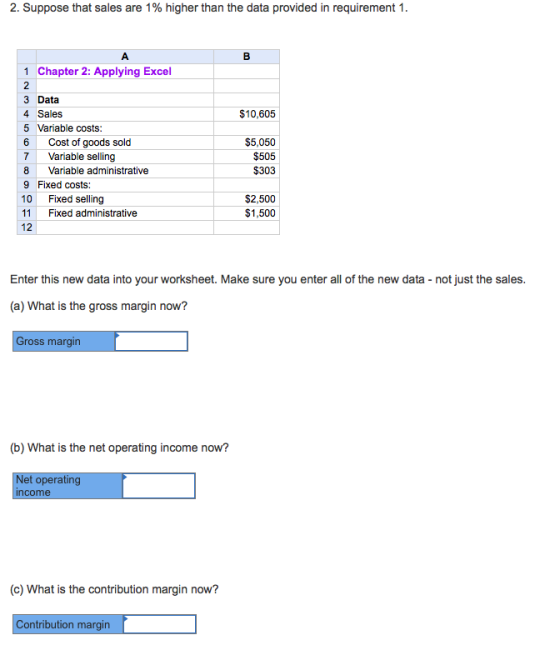 2. Suppose that sales are 1% higher than the data provided in requirement 1. A 1 Chapter 2: Applying Excel 3 Data $10,605 4 S