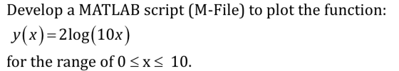 Develop a MATLAB script (M-File) to plot the function: y(x)-2l0g(10x) for the range of 0 sxs 10.
