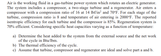 Air is the working fluid in a gas-turbine power system which rotates an electric generator. The system includes a compressor,