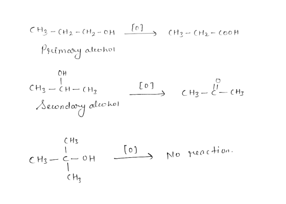 CH3 - CH2 - CH2-OH 101 -CH2-COOH Primary aliohol - OH CH₃ -CH-CH₂ [0] > CH₃ -C- CH3 Sewndary alcohol cohol CH3 I lol no CH3-