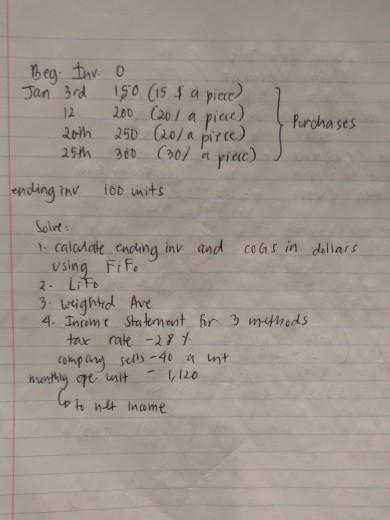 Beg. Inv. o Jan 3rd 190 (15 & a piece 12 200 (201 a piece). 20th 250 20/a pirce) 25th 300 (30/ a piece) I Purchases ending in