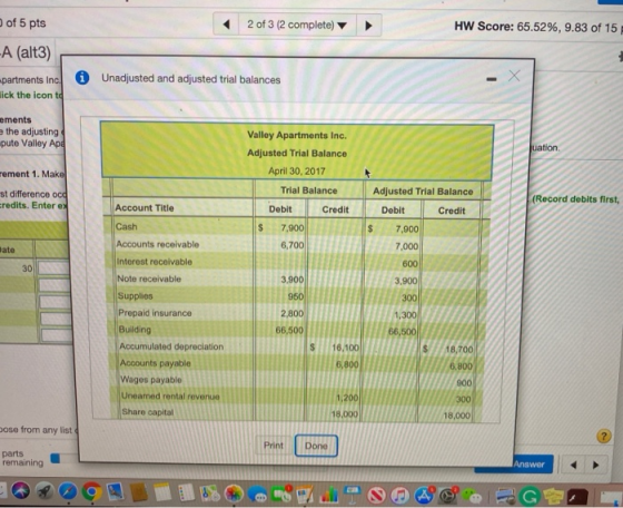 of 5 pts 2 of 3 (2 complete) HW Score: 65.52%, 9.83 of 15 A (alt3) i Unadjusted and adjusted trial balances partments Inc fic