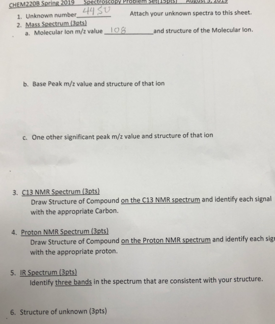 Spectroscopy Problem Set15pts CHEM220B Spring 2019 1. Unknown number 44 SU 2. Mass Spectrum (3pts) a. Molecular lon m/z value