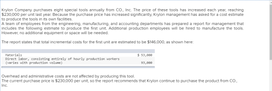 Krylon Company purchases eight special tools annually from CO., Inc. The price of these tools has increased each year, reachi
