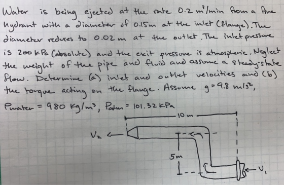 Water is being ejected at the rate 0.2 mil min from a live hydrant with a diameter of 0.15m at the inlet (flange). The diamet