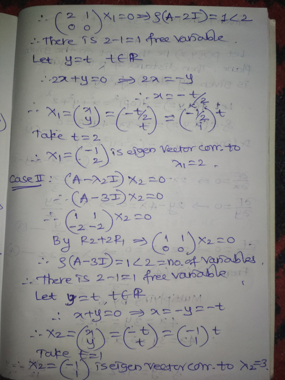 O (2 )x1=0>) 3(A-20)=162 . There is 2-1 21 free vanable. Let yat tER ..22 + y =0 222-4 dovie at tatu Take t=2 er XI=(-1 is ei
