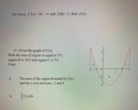 14. Given f(x)=5e* - 4 and f(0) = 2; find f(x). 15. Given the graph of f(x). With the area of region A equal to 7/3, region B