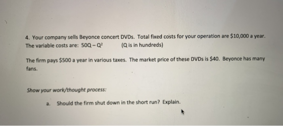 4. Your company sells Beyonce concert DVDs. Total fixed costs for your operation are $10,000 a year. The variable costs are: