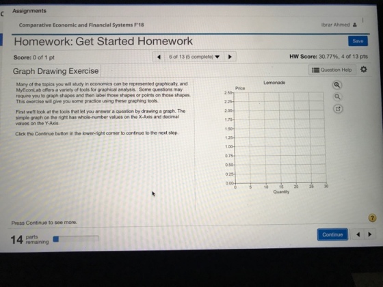 Comparative Economic and Financial Systems F18 Ibrar Ahmed Homework: Get Started Homework Save Score: 0 of 1 pt 6 of 13 (5 complete) Hw Score: 30.77%, 4 of 13 pts Graph Drawing Exercise Question Help Many of the topics you will study in economics can be represented graphically, and MyEconLab offers a variety of tools for graphical analysis. Some questions may require you to graph shapes and then label those shapes or points on those shapes This exercise will give you some practice using these graphing tools Price 2 501 First well look at the tools that let you answer a question by drawing a graph. The simple graph on the right has whole-number values on the X-Axis and decimal values on the Y-Axis. Click the Continue button in the lower-right comer to continue to the next step. 0.75 Quantity Press Continue to see more. Continue 14 Pemtaining