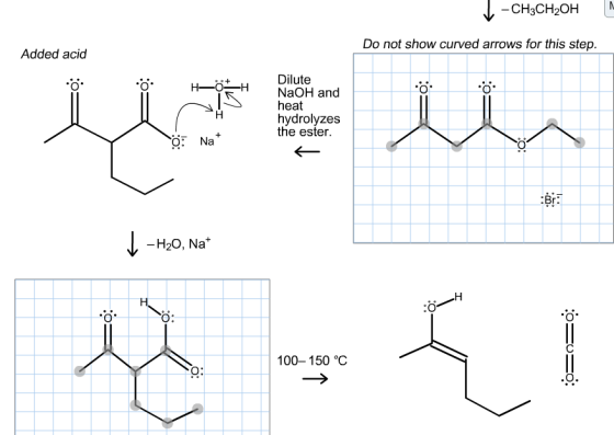 CH3CH2OH Do not show curved arrows for this step. Added acid Dilute HH NaOH and heat hydrolyzes the ester. O: Na Br - H20, Na