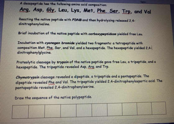 Styles A decapeptide has the following amina acid composition: Arg. Asp, Gly, Leu, Lys, Met, Phe, Ser. Trp, and Val Reacting