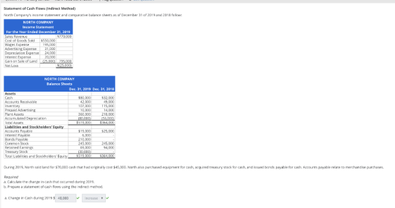 Statement of Cash Flows (Indirect Method) North Companys income statement and comparative balance sheets as of December 31 o