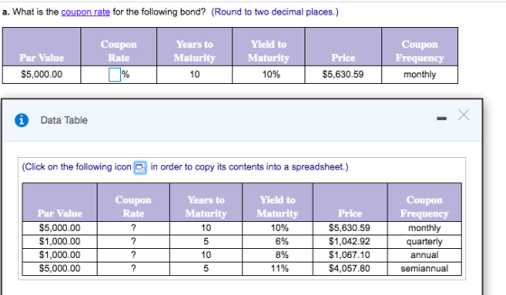 a. What is the coupon rate for the following bond? (Round to two decimal places.) Yield to Coupon Years to Coupon Frequency M