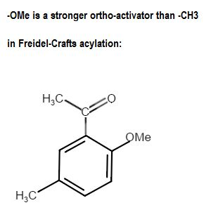 -OMe is a stronger ortho-activator than CH:3 in Freidel-Crafts acylation: H3C Me H3C