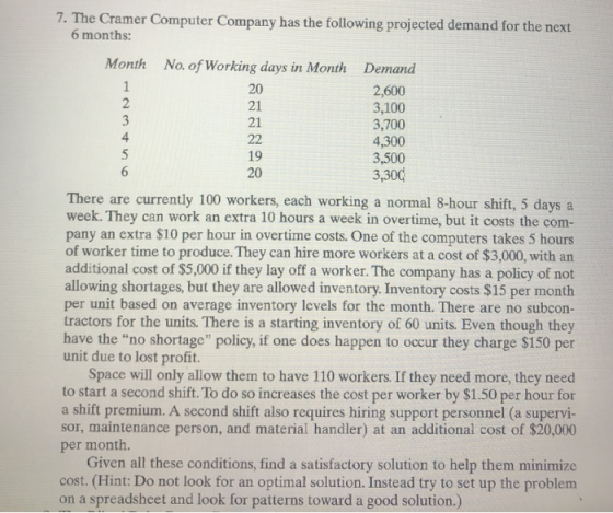 7. The Cramer Computer Company has the following projected demand for the next 6 months: Month No. of Working days in Month D