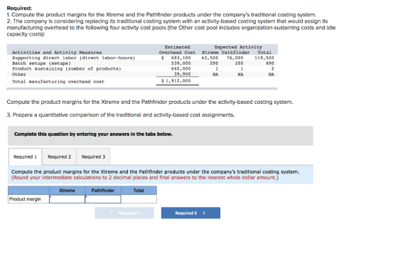 Required: 1. Compute the product margins for the Xtreme and the Pathfinder products under the companys traditional costing s