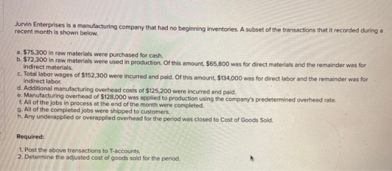Jurvin Enterprises is a manufacturing company that had no beginning inventories. A subset of the transactions that it recorde