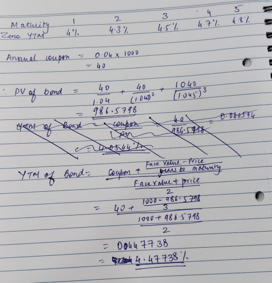 Maturity Zero YTN 2 4.3% 3 45% . 4 4.7% 5 4.8% 4% Annual coup = 0.04 x 1000 = 40 PV of bond = = Yam of band 40 40 + 10403 1.0