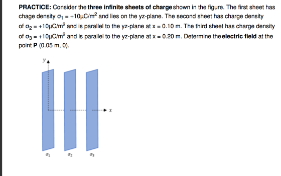 PRACTICE: Consider the three infinite sheets of charge shown in the figure. The first sheet has chage density 01 = +10uC/m² a