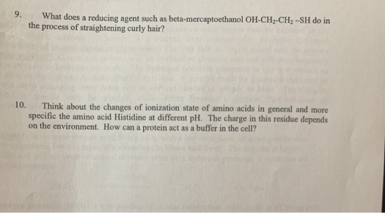 9. What does a reducing agent such as beta-mercaptoethanol OH-CH2-CH2 -SH do in the process of straightening curly hair? 10.