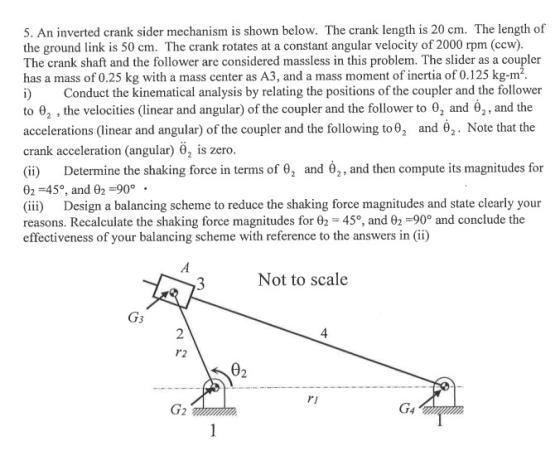 5. An inverted crank sider mechanism is shown below. The crank length is 20 cm. The length of the ground link is 50 cm. The crank rotates at a constant angular velocity of 2000 rpm (ccw) The crank shaft and the follower are considered massless in this problem. The slider as a coupler has a mass of 0.25 kg with a mass center as A3, and a mass moment of inertia of 0.125 kg-m i) Conduct the kinematical analysis by relating the positions of the coupler and the follower to ?2 , the velocities (linear and angular) of the coupler and the follower to 02 and ? 2, and the accelerations (linear and angular) of the coupler and the following to 0, and ô,. Note that the crank acceleration (angular) ?2 is zero (ii) Determine the shaking force in terms of 0, and 6,, and then compute its magnitudes for 02 450, and 02-90° (iii Design a balancing scheme to reduce the shaking force magnitudes and state clearly your reasons. Recalculate the shaking force magnitudes for ?2 45°, and ?2-90° and conclude the effectiveness of your balancing scheme with reference to the answers in (ii) Not to scale 4 r 2 02