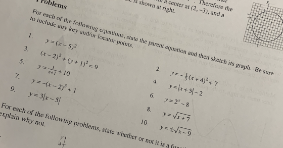 V, Therefore the l a center at (2,-3), and a s shown at right. Foblems For each of the following equations, state the parent equation and then sketch its graph. Be sure to include any key and/or locator points. 1. (x-5)2 У (x-2)2 + (y +1)2-9 y 1 + 10 y -(x-2)3 + 1 4. y +5-2 6. y 2-8 5. For each of the following problems, state whether or not it is a f explain why not.