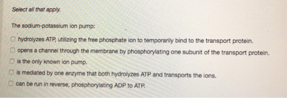 Select all that apply. The sodium-potassium ion pump: hydrolyzes ATP, utilizing the free phosphate ion to temporarily bind to