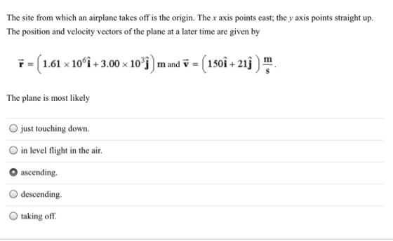 The site from which an airplane takes off is the origin. The x axis points east; the y axis points straight up. The position