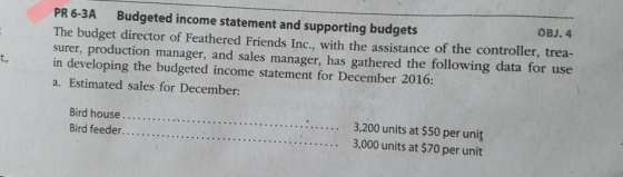PR 6-3A Budgeted income statement and supporting budgets OBJ.4 The budget director of Feathered Friends Inc., with the assist