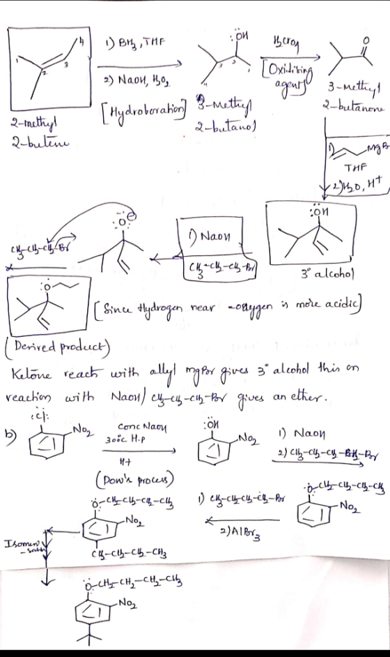 1) Brz, THE on yn Beron [Oxilibing i 2) Naou, Hyo, 3-methyl 2-butanone [Hydroboration] 3-methy 2-methyl 2 butene 2-butanol Mg