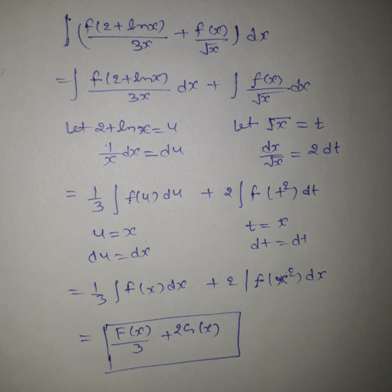 J. 3x fiflet lampe + fon) as - 1 f (etenx) dx + 1 foc de Let at lng-u let 5x = t x = du dr = adt = 1 | flurdu +2lf (that u=x