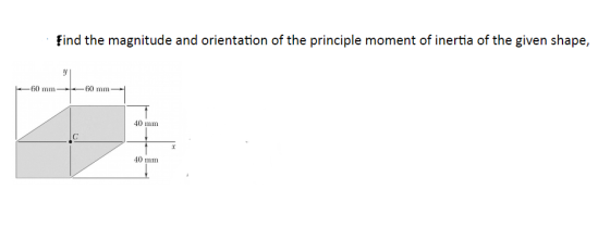 find the magnitude and orientation of the principle moment of inertia of the given shape, 60 mm 40 mm 40 mm