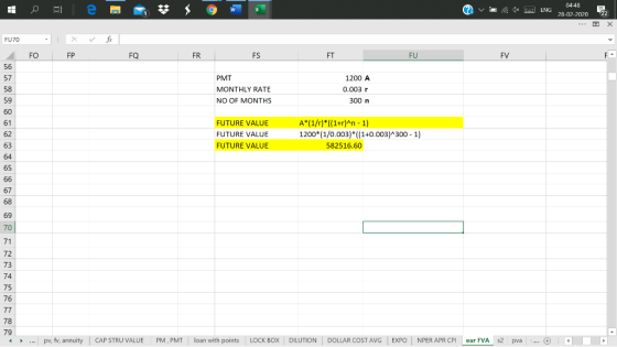 w 2 v . * 04:48 ENG 28-02-2020 22 FU70 o FP FO FR FS FT FUFV PMT MONTHLY RATE NO OF MONTHS 1200 A 0.003 r 300 n FUTURE VALUE