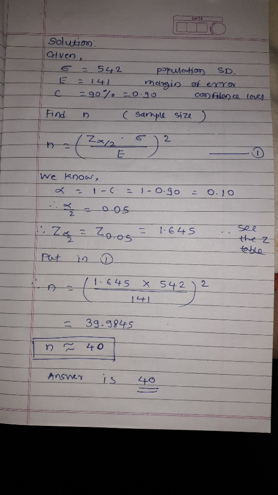 1 DOTE Solutios CHven, SD 542 mdhgin f eror 290%0 2O 90 COSfHon ca loe ( Sarmplu size Find 2 1 we know, 1-0.9o O.1O 1 C 1 1.6
