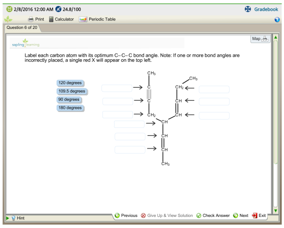 Label each carbon atom with its optimum C-C-C bond