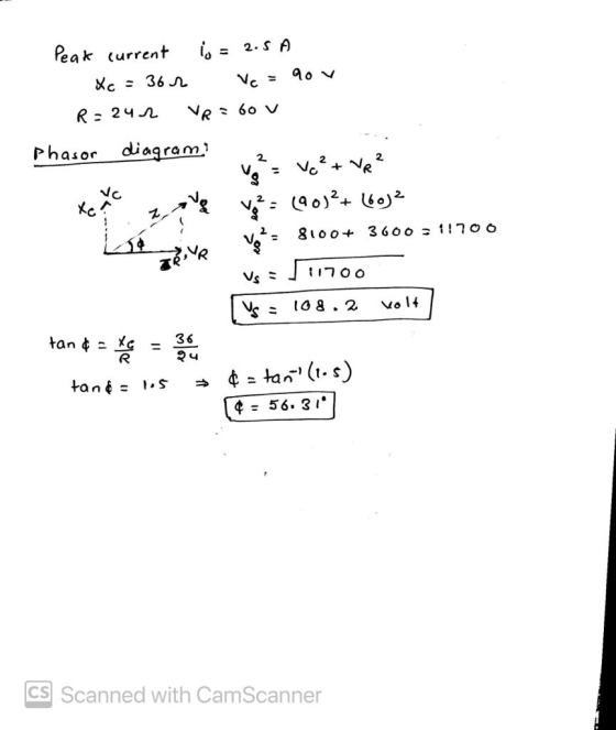 is = 2.5A Peak current X = 36 Vc qov R = 242 VR = 60v Phasor diagram 2 Vo²+ VR ² vo (90)2+160)2 Xo Yo z. 2 8100+ 3600 = 1!700