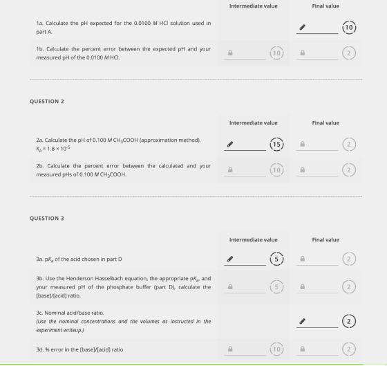 Intermediate value Final value 1a. Calculate the pH expected for the 0.0100 M HCl solution used in part A. 1b. Calculate the
