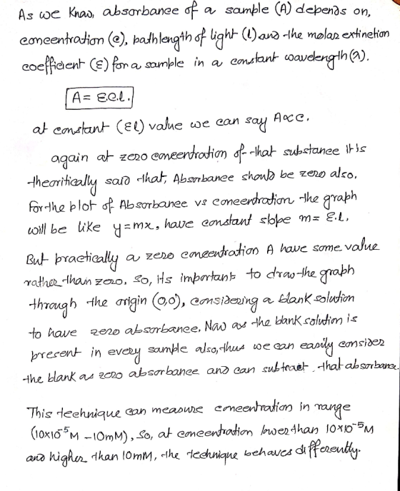 As we know, absorbance of a sample (A) depends on, concentration (C), bath length of light (l) and the molas extinetion coeff