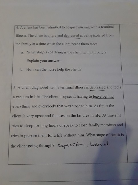 4. A client has been admitted to hospice nursing with a terminal illness. The client is angry and depressed at being isolated from the family at a time when the client needs them most. What stage(s) of dying is the client going through? Explain your answer. How can the nurse help the client? a. b. 5. A client diagnosed with a terminal illness is depressed and feels a vacuum in life. The client is upset at having to leave behind everything and everybody that was close to him. At times the client is very upset and focuses on the failures in life. At times he tries to sleep for long hours or speak to close family members and tries to prepare them for a life without him. What stage of death is the client going through? Depress-en