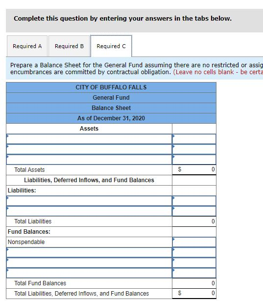 Complete this question by entering your answers in the tabs below. Required a Required B Required C Prepare a Balance Sheet f