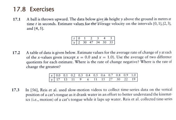 17.8 Exercises 17.1 A ball is thrown upward. The data below give its height y above the ground in meters at time t in seconds
