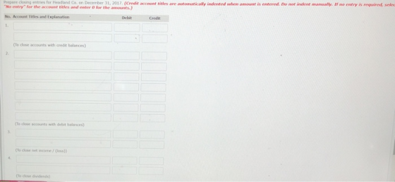 Prepare de s ng entries for Headr Ca on Dece ·20 1 Credit account titles are automatically an ented when amount es entered. Do not indent mana all. If no entry er u red, see No entry for the account titles and enter 0 for the amounts) No. Accont Titles and Explanatiorn Credit (To close accounts with credt balances) To close accounts with debit balances (To close net income/(loss) (to close dividends)