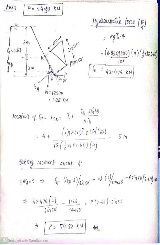 Auso TP = 54.92 KN Hydrau statie force (5) = egha G=0.83 wy 2.611 m = (0-3X9800) (4) (3x1K361 Vesins 103 12m 1744 = 42476 KN