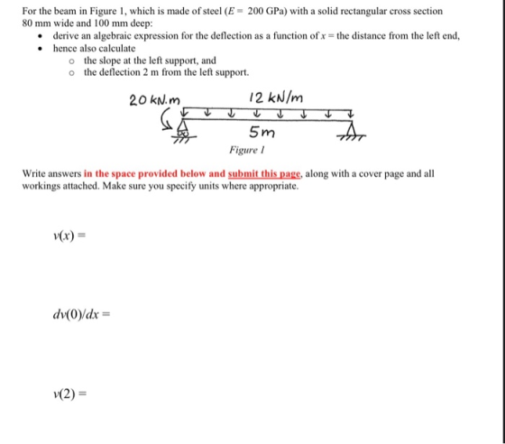 For the beam in Figure 1, which is made of steel (E = 200 GPa) with a solid rectangular cross section 80 mm wide and 100 mm d
