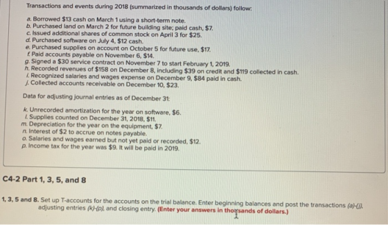 Transactions and events during 2018 (summarized in thousands of dollars) follow: a. Borrowed $13 cash on March 1 using a shor