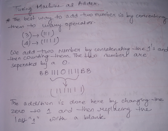 by converting Turing Machine as Addeu. The best w to add two number is way them to unany operator (3) (11) (4) → CHILD We add