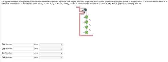 The figure shows an arrangement in which four disks are suspended by cords. The longer, top cord loops over a frictionless pulley and puls with force of magnitude 82.3 N on the wall to which it is attached. The tensions in the shorter cords are Ta-68.6 N, T2·45.2 N, and T-6.81 N. what are the masses of (a) disk A, (b) disk B, (c) disk C, and Cd) disk D? . The longer, top cord loops over pulley and pulls with a force of т, (a) Number (b) Number (c) Number (d) Number Units Units Units Units